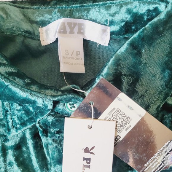 PLAYBOY Velour Emerald Green Long Sleeve Button Down Shirt - Picture 3 of 6